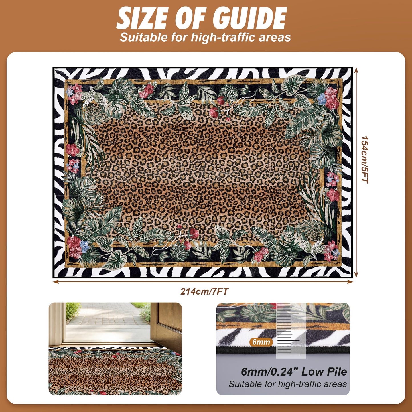 SAIFILI Leopard Area Rugs for Living Room 5×7, Washable Cheetah Rug with Zebra-Striped Border, Non-Slip Low Pile Animal Print Carpet for Bedroom, Dining Room, Playroom, Home Decor