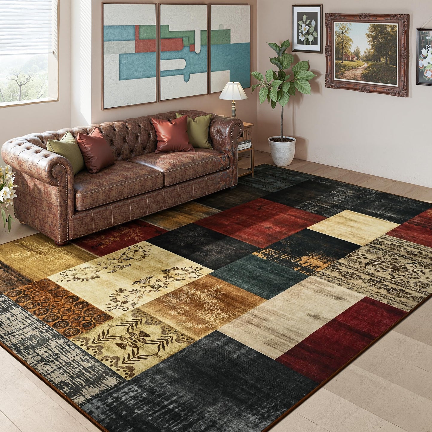 Tepook Modern Area Rug for Living Room, 8x10 Geometric Large Rugs for Bedroom, Washable Patchwork Rug Indoor Non-Slip Throw Carpets for Dining Room Office Farmhouse Home Decor, Multi