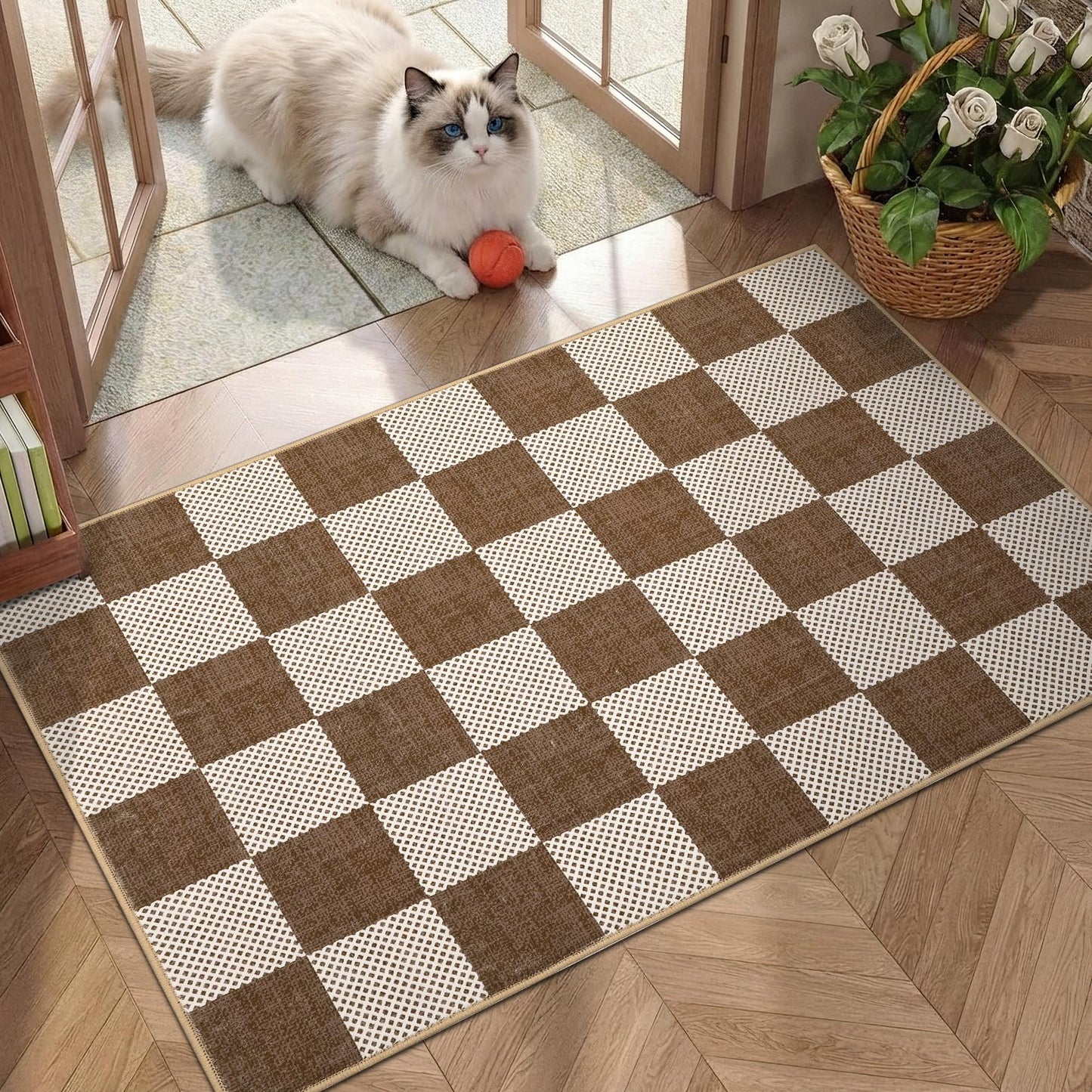 GarveeHome Checkered Terracotta Brown 2x3 Washbale Rug Door Mat Geometric Diamond Dot Modern Neutral Boho Soft Low-Pile Small Rug for Bedroom Entryway Bathroom Kitchen Non-Slip TPE Backing