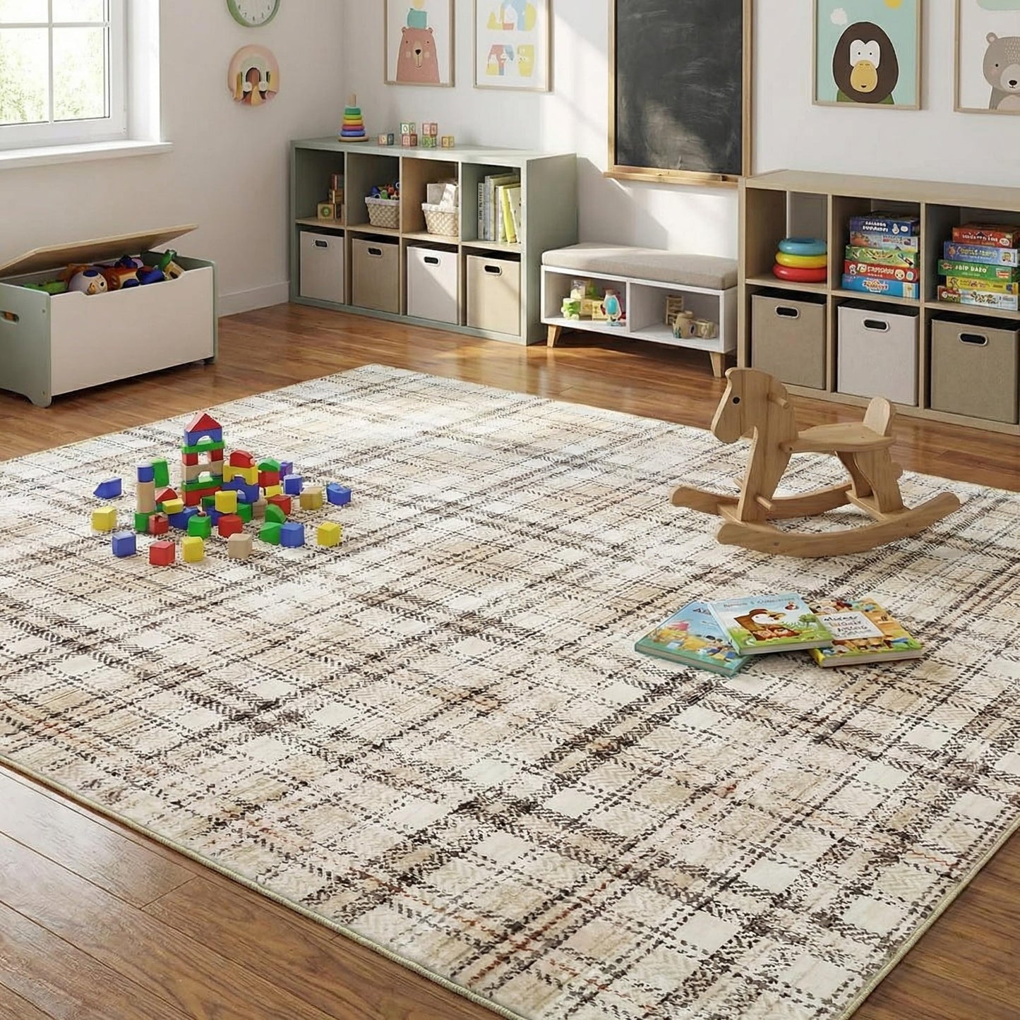 Garvee Washable 8x10 Area Rug for Living Room Non Slip Soft Bedroom Rugs Tartan Plaid Area Rug Non Shedding Low Pile Stain Resistant Carpet for Nursery Dining Room Playroom Office, Beige