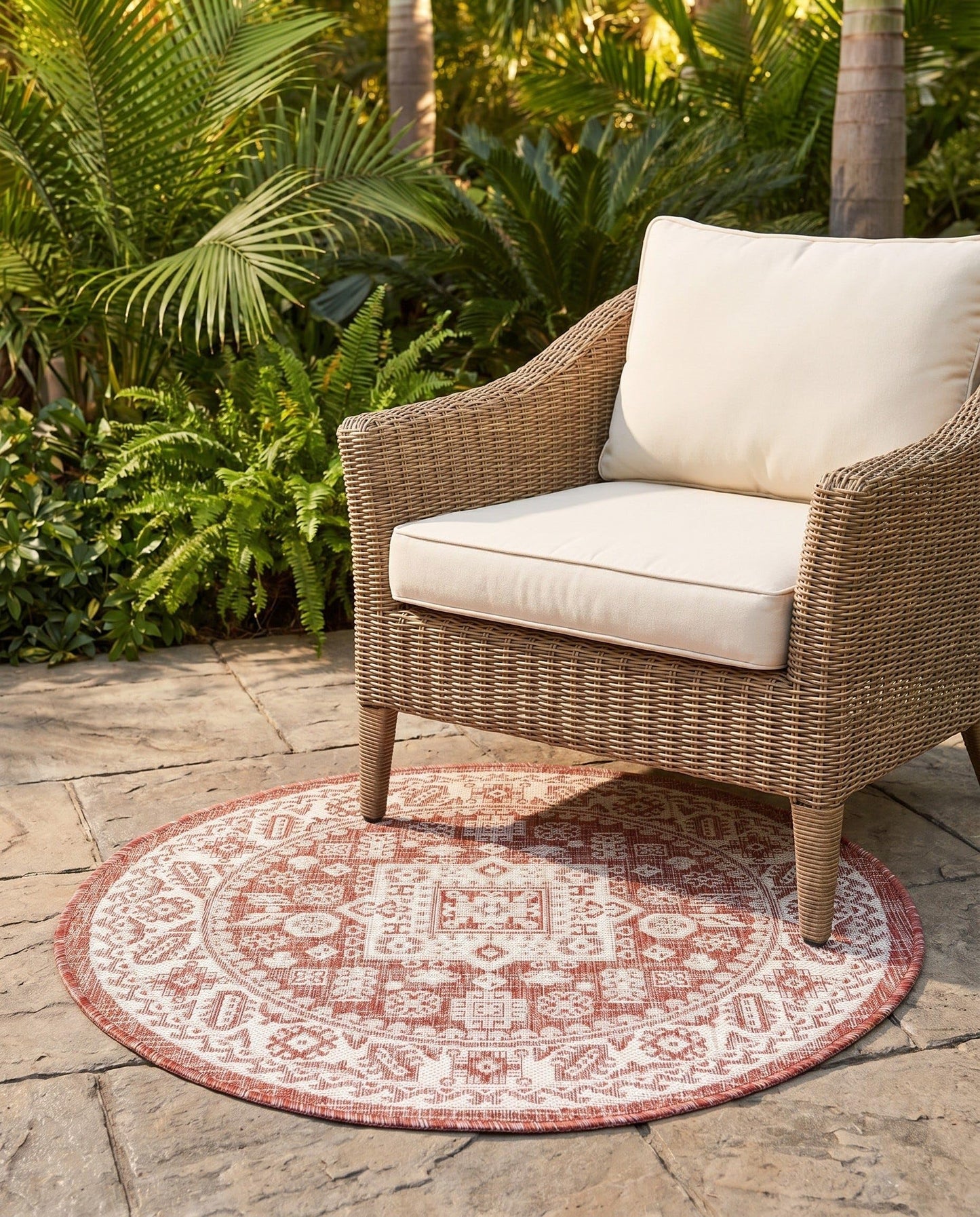Rugs.com - Outdoor Aztec Rug – 3 Ft Round Rust Red Easy-Clean Indoor/Outdoor Rug – Weather Resistant for Patios, Decks, and Porches
