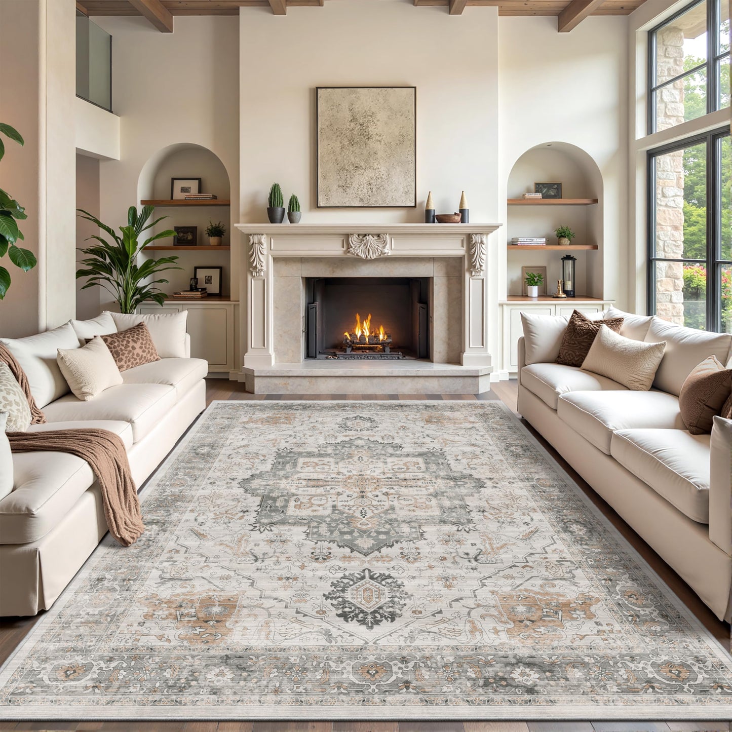 Rugland Washable Rugs 8x10 - Low Pile 8x10 Area Rugs, Anti Slip Stain Resistant Large Rugs for Living Room, Vintage Medallion Printed Machine Washable Area Rugs(8'x10', Taupe/Grey)