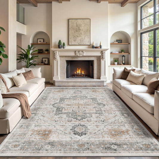 Rugland Washable Rugs 8x10 - Low Pile 8x10 Area Rugs, Anti Slip Stain Resistant Large Rugs for Living Room, Vintage Medallion Printed Machine Washable Area Rugs(8'x10', Taupe/Grey)