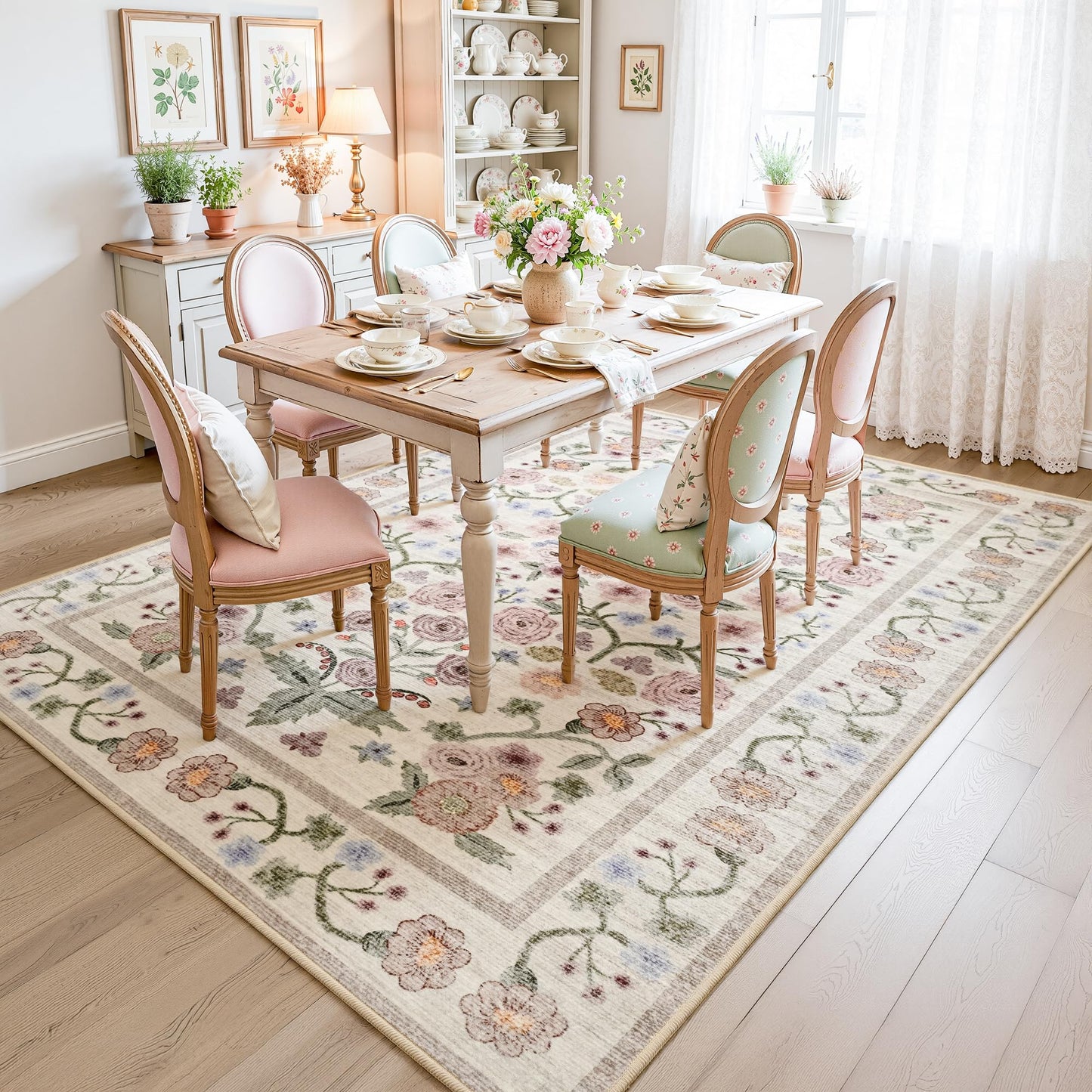 Maxsoft Large Area Rugs for Living Room Bedroom, 5x7 Washable Floral Area Rugs, Non-Slip and Stain Resistant Soft Throw Indoor Carpet for Dining Room Office Kitchen Dorm Home Decor, Pink