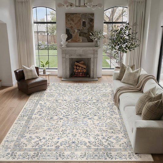 PureCozy 8x10 Blue Area Rug for Living Room Bedroom Washable Vintage Floral Carpet Low Pile Non Slip Botanical Aesthetic Large Dining Room Soft Accent Throw Rug Nursery Office Indoor