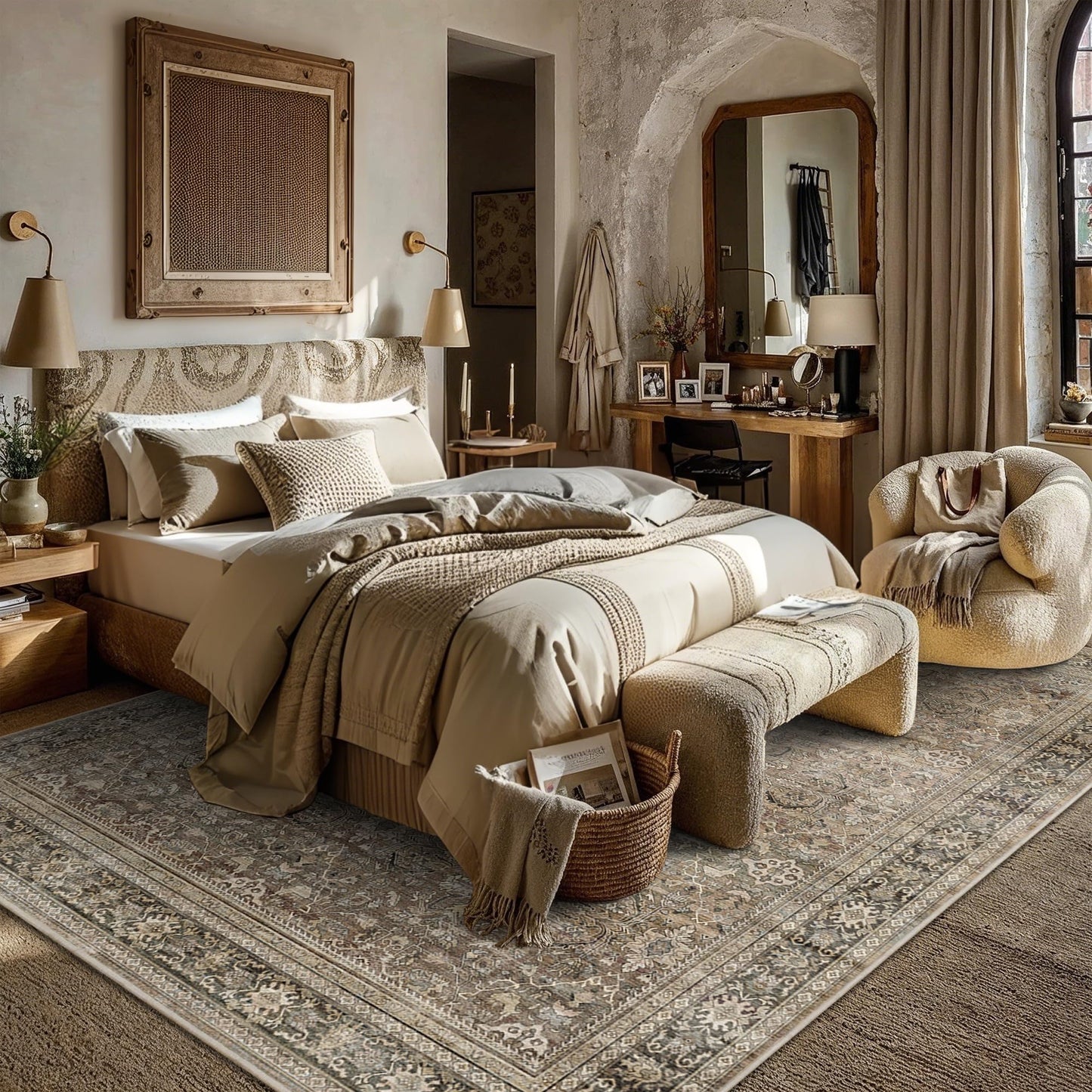 Schweek 8x10 Washable Area Rug Brown Neutral Vintage Distressed Rugs Large Non-Slip Living Room Area Rugs, Soft Low Pile Carpet Indoor Mat Throw Rug for Bedroom Dining Room Office Nursery
