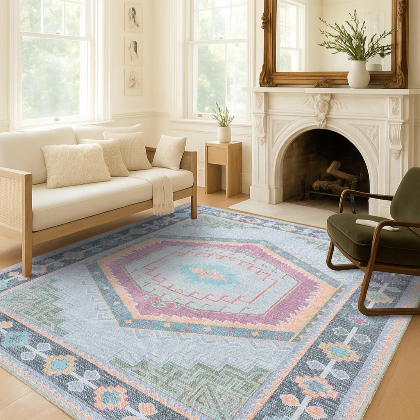 Fame Living Washable Area Rug. Modern Farmhouse. Vintage. Turkish. Bohemian. Distressed. Oriental. Traditional. Rugs for Living Room. Dining. Bedroom. Office. Entryway. Foyer. (856GP, 2'5" x 4'9")