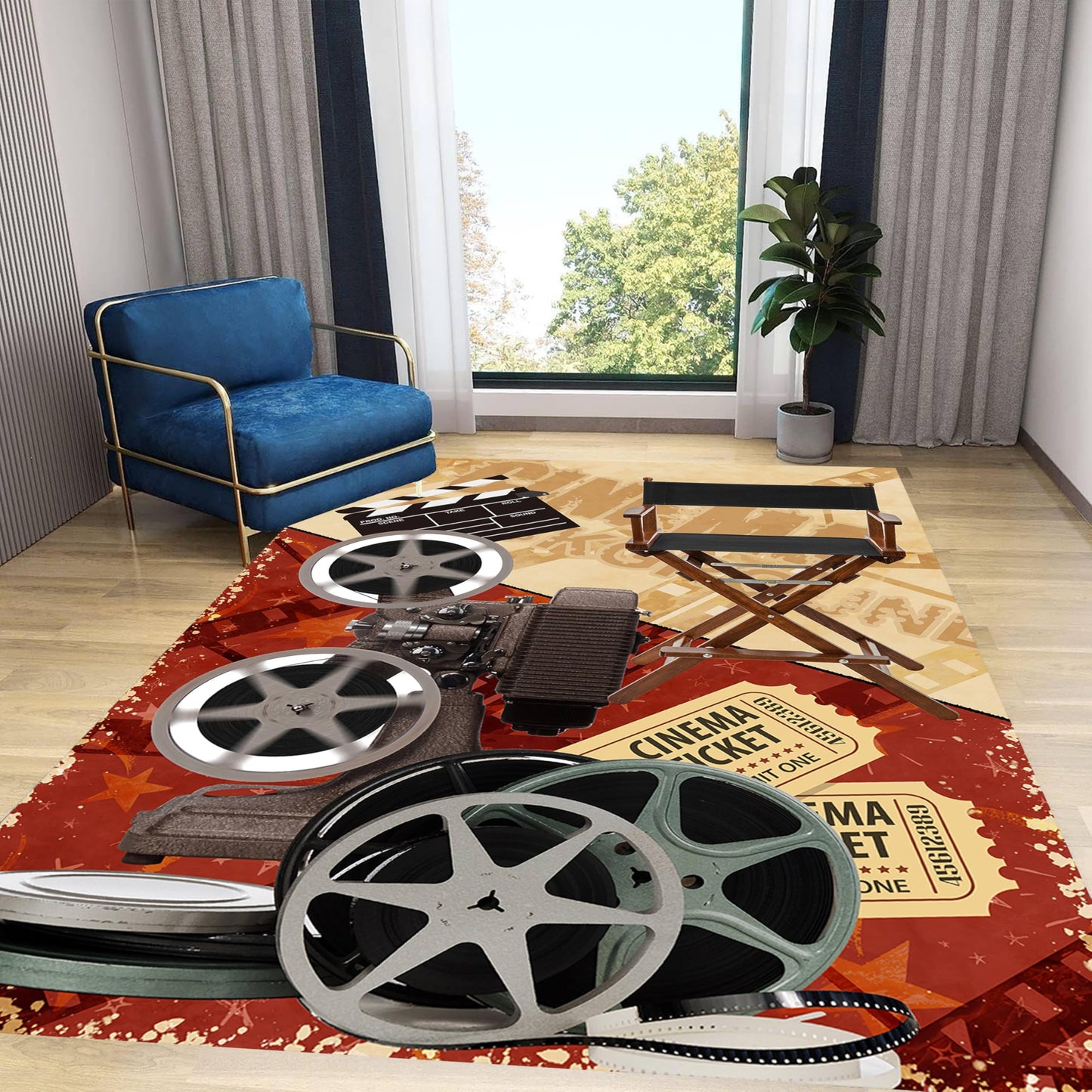 Home Theater Area Carpet, 4x6ft, Vintage Modern Film Media Room Washable Rug, Movie Clapboard Cinema Ticket Fade Resistant Mat, with Non Slip Backing Printed Carpets for Entryway