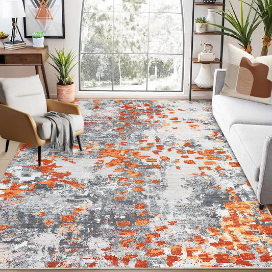 GarveeHome Area Rug 4x6 Machine Washable Rug Modern Abstract Rug Non Slip Non Shedding Indoor Floor Cover Low Pile Rug for Bedroom Living Room, Orange/Grey