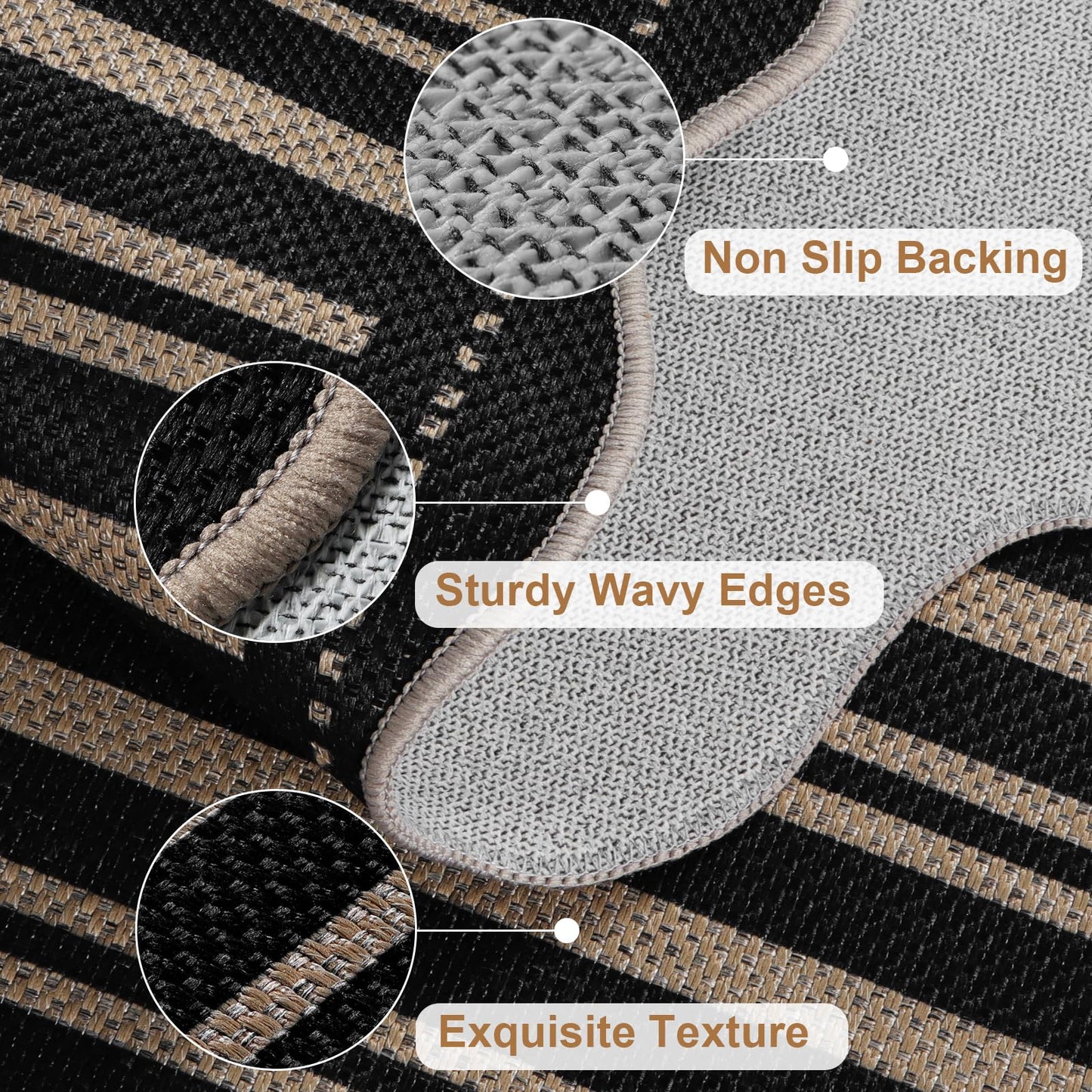 LORWER Striped Easy Jute 4x6 Outdoor Patio Rug, Washable Indoor Outdoor Black Kitchen Rugs Farmhouse Neutral Non Slip Area Rug for Living Room Backyard Bedroom