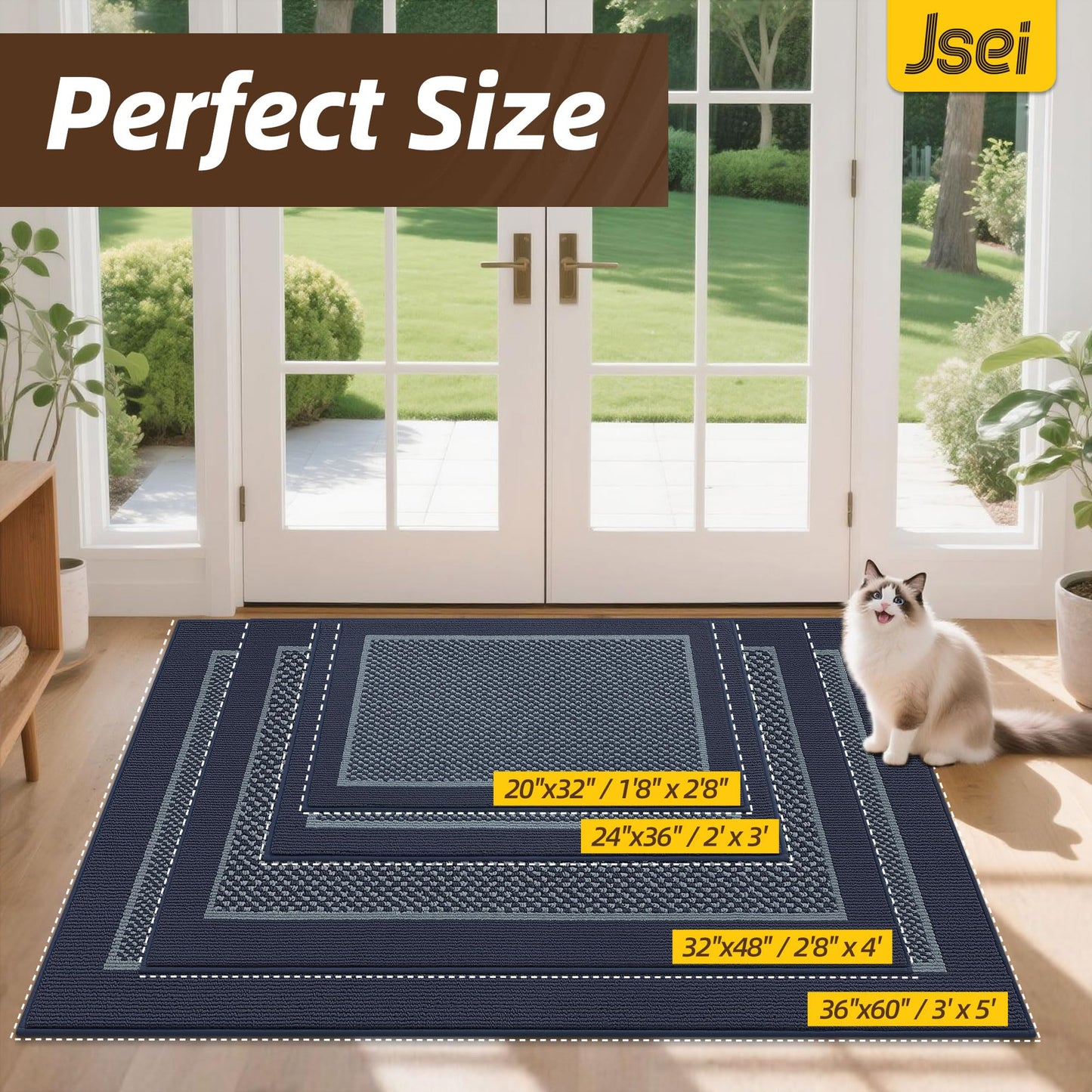 JSEI Dirt Trapper Door Mat 20"x32", Non-Slip Washable Doormats Entryway Rugs, Resist Dirt Absorbent Welcome Mat, Low Profile Floor Mats for Front Back Door and Entrance, Blue