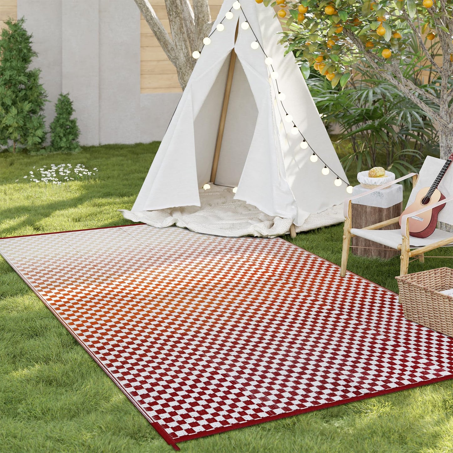 Wonnitar Waterproof Outdoor Rug 6x9 - Orange Red Gradient Checkered Camping RV Rug, Outside Patio Plastic Straw Mat for Balcony, Lightweight Reversible Portable Deck Carpet
