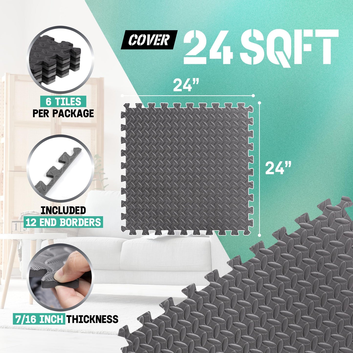 Yes4All EVA Interlocking Mats, Puzzle Floor Tiles, Foam Floor Padding with Border for Furniture, Home Space, Living Room, Garage 24 SQFT