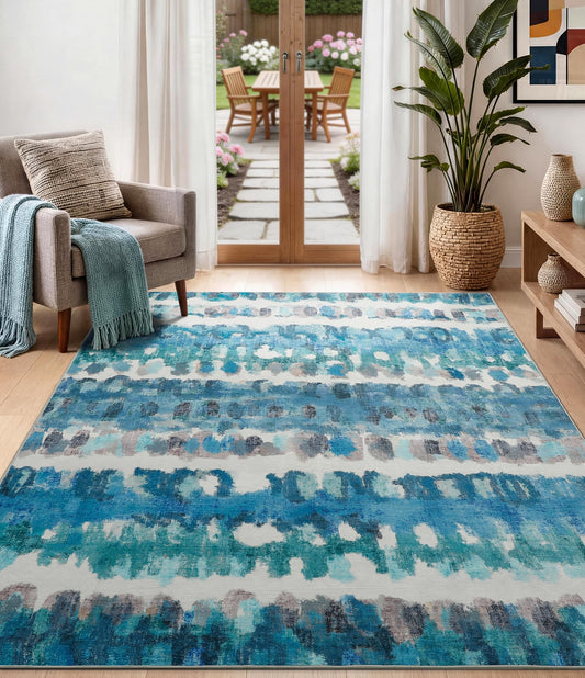 YIHOUSE Abstract Area Rug 5x7, Washable Blue Rugs for Living Room, Non-Slip Backing, Low-Pile Soft Modern Rug for Bedroom, Dining Room, Office, Nursery