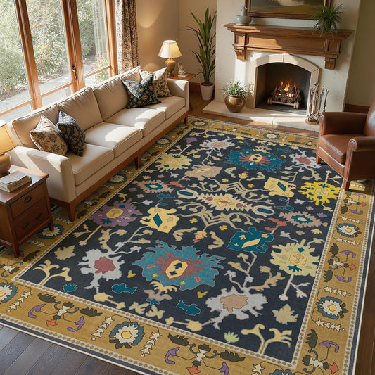 Joydeco Oushak Washable 8x10 Area Rugs for Living Room, Vintage Rug for Bedroom Non Slip, Boho Soft Low-Pile Floor Indoor Throw Carpet for Office Dining Room Dorm Home, Black/Multi