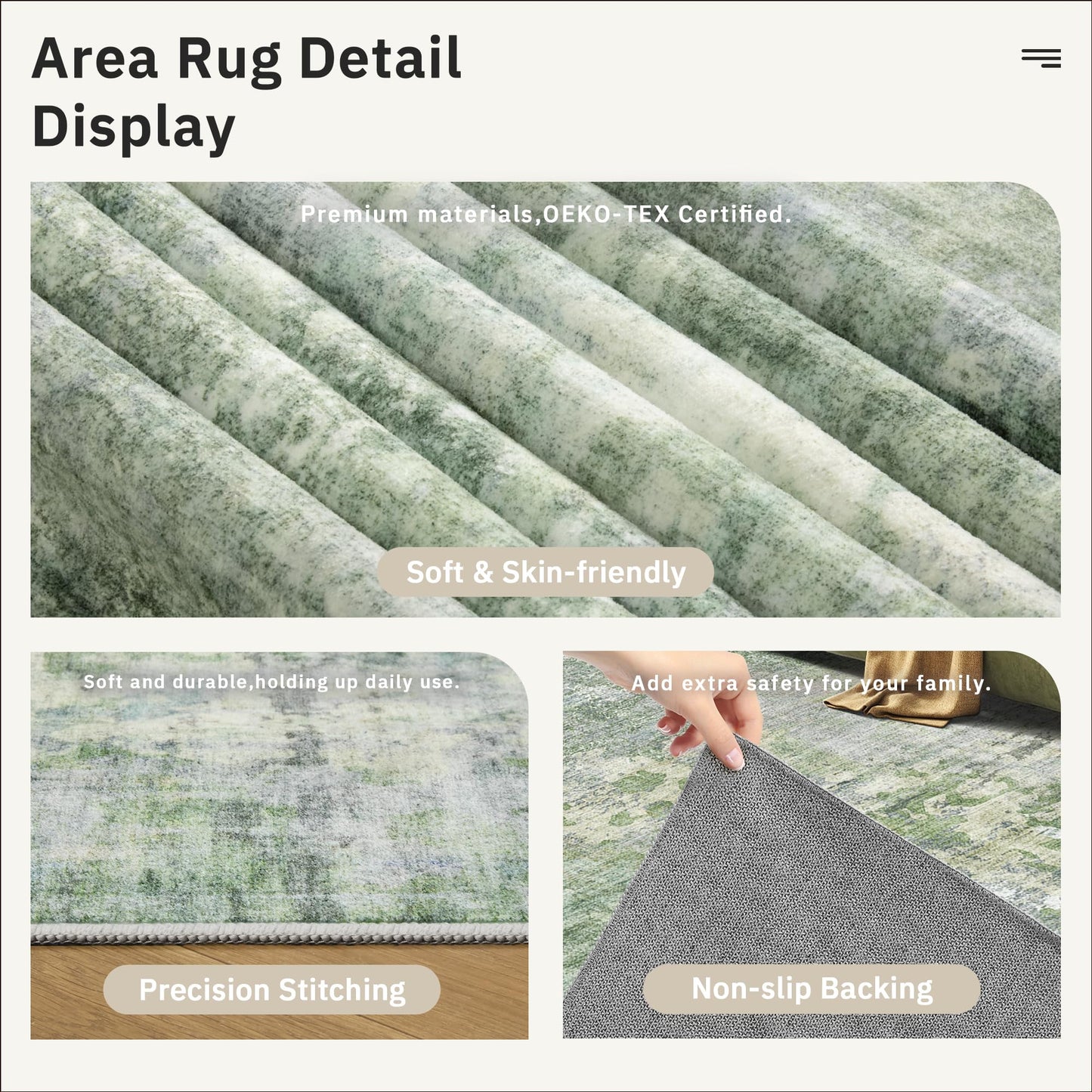 Soalmost Abstract Rug 8x10 Large Living Room Rugs Neutral Modern Washable Area Rugs for Bedroom Dining Room Non-Slip Stain Resistant Foldable Thin Rug Green