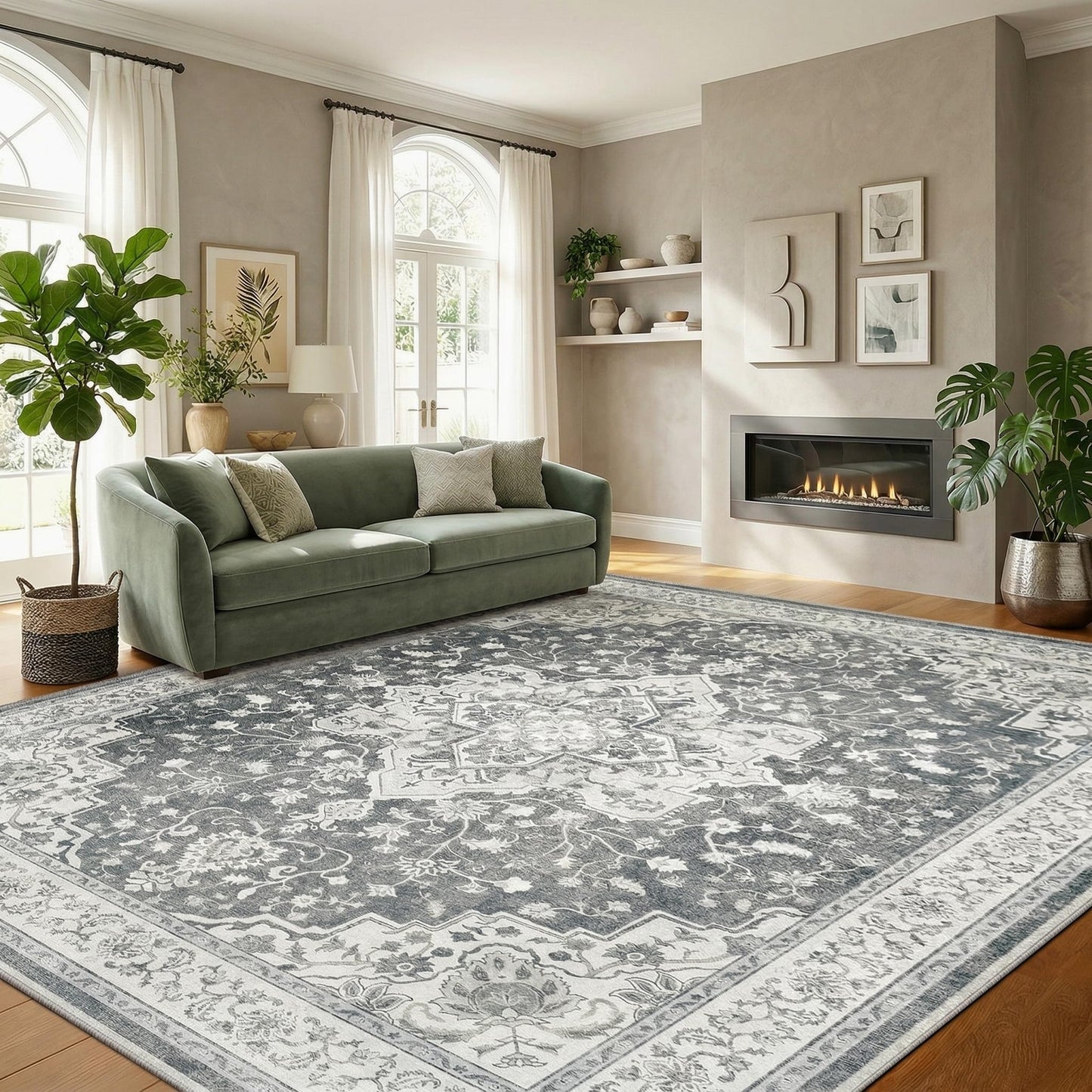Marsail 8x10 Machine Washable Area Rug, Soft Low-Pile Carpet with Non-Slip Backing and Durable Bound Edges, Vintage Floral Design for Living Room and Bedroom, Dove Grey