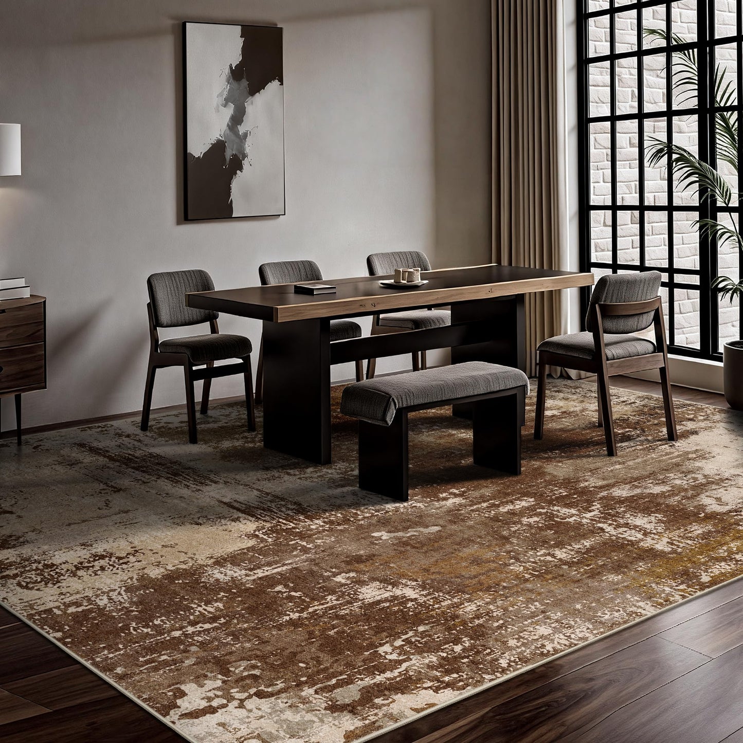 Yarooge 8x10 Rugs for Living Room - Modern Abstract Washable Rug, Ultra Soft Non Slip Low Pile Large Rugs, Floor Carpet for Bedroom Dining Room Office Laundry Nursery Home(A-Brown)