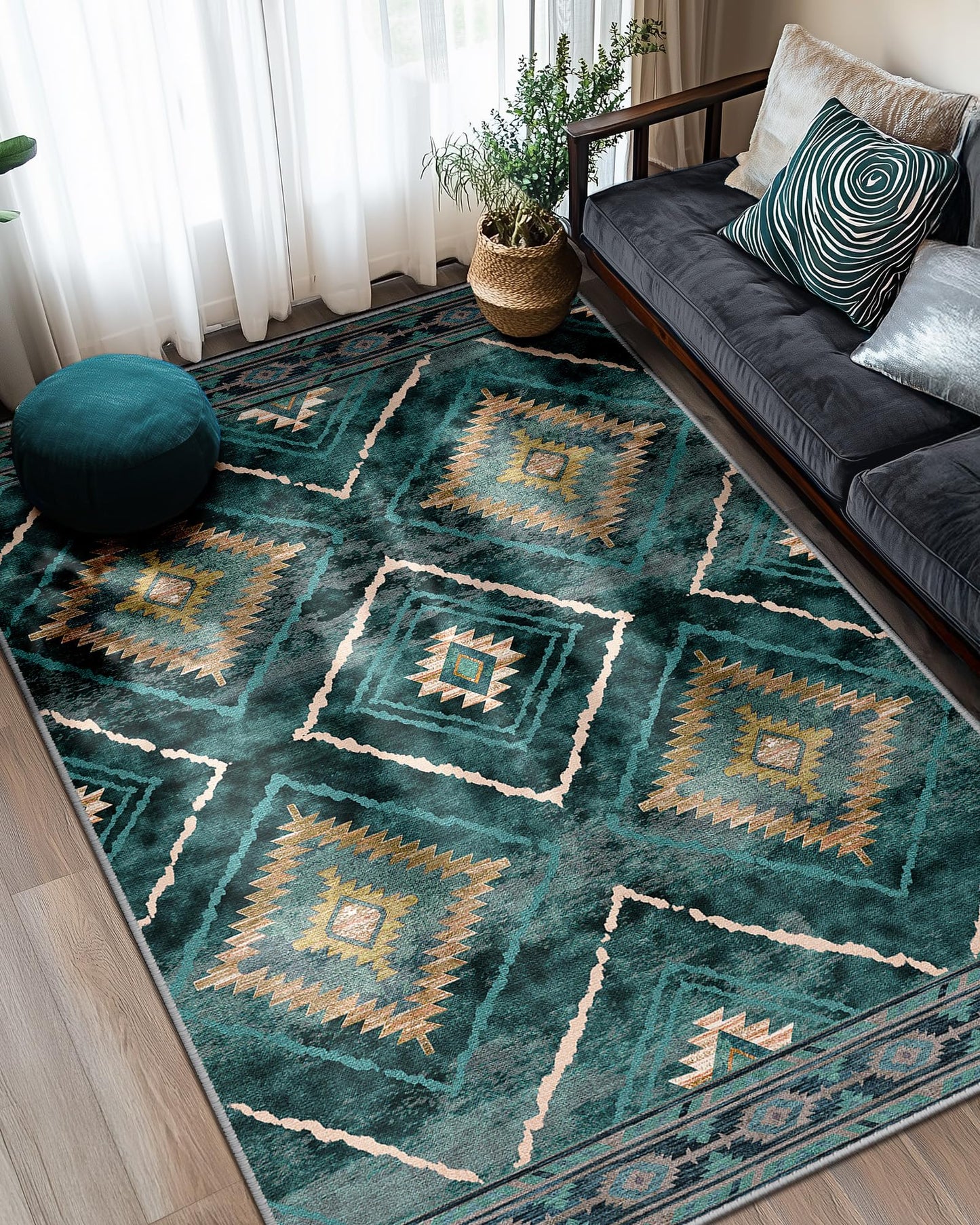 BESTSWEETIE Area Rug 5x7 Rug Machine Washable Non-Slip Low Pile Print Pattern Western Rug for Living Room Bedroom Entryway Tribal Series -Teal/Green
