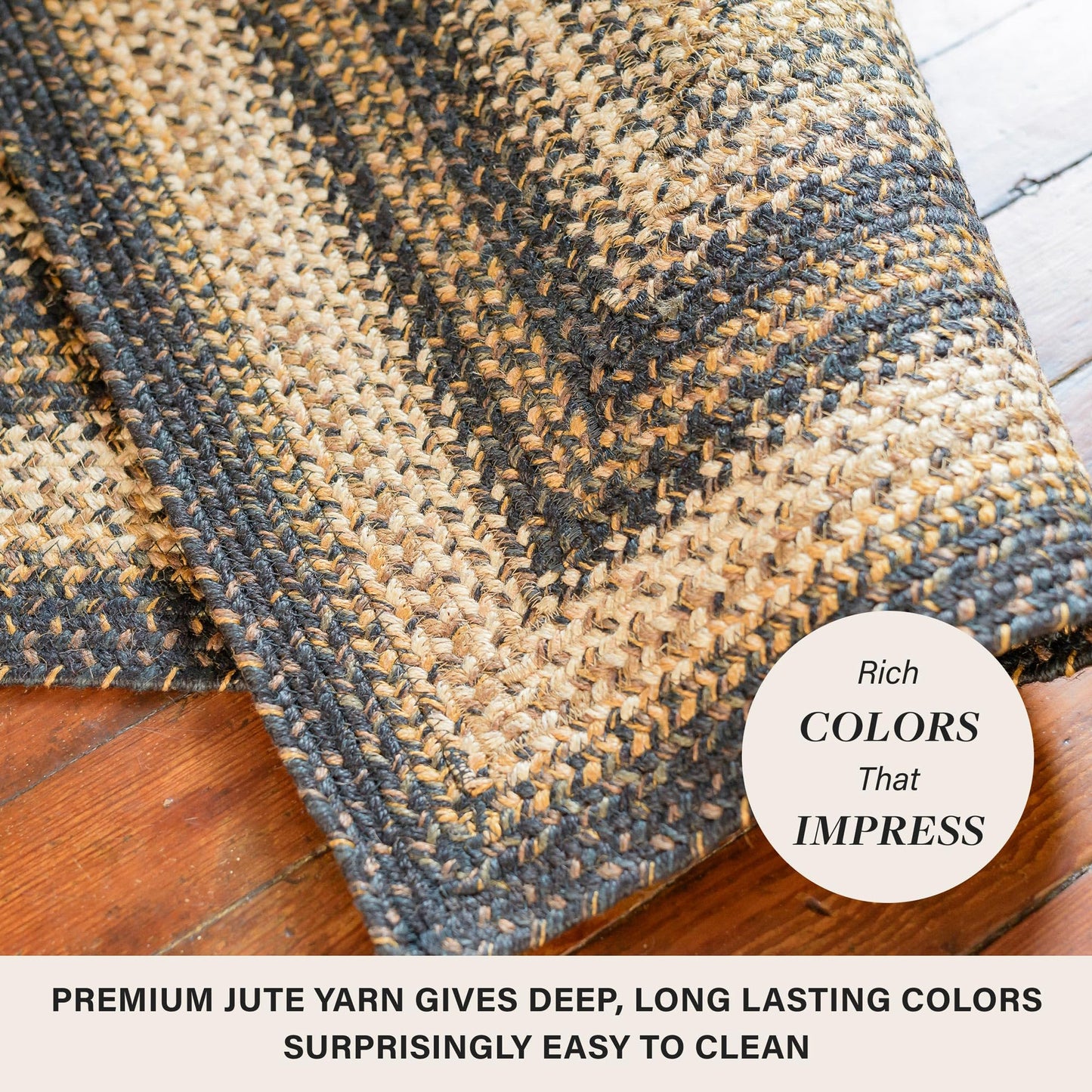 Homespice Kilimanjaro Black & Tan Oval Jute Rug 20x30 - Braided Kitchen Rugs for Primitive Farmhouse Kitchen Decor, Reversible, No Shed Jute for Easy Maintenance