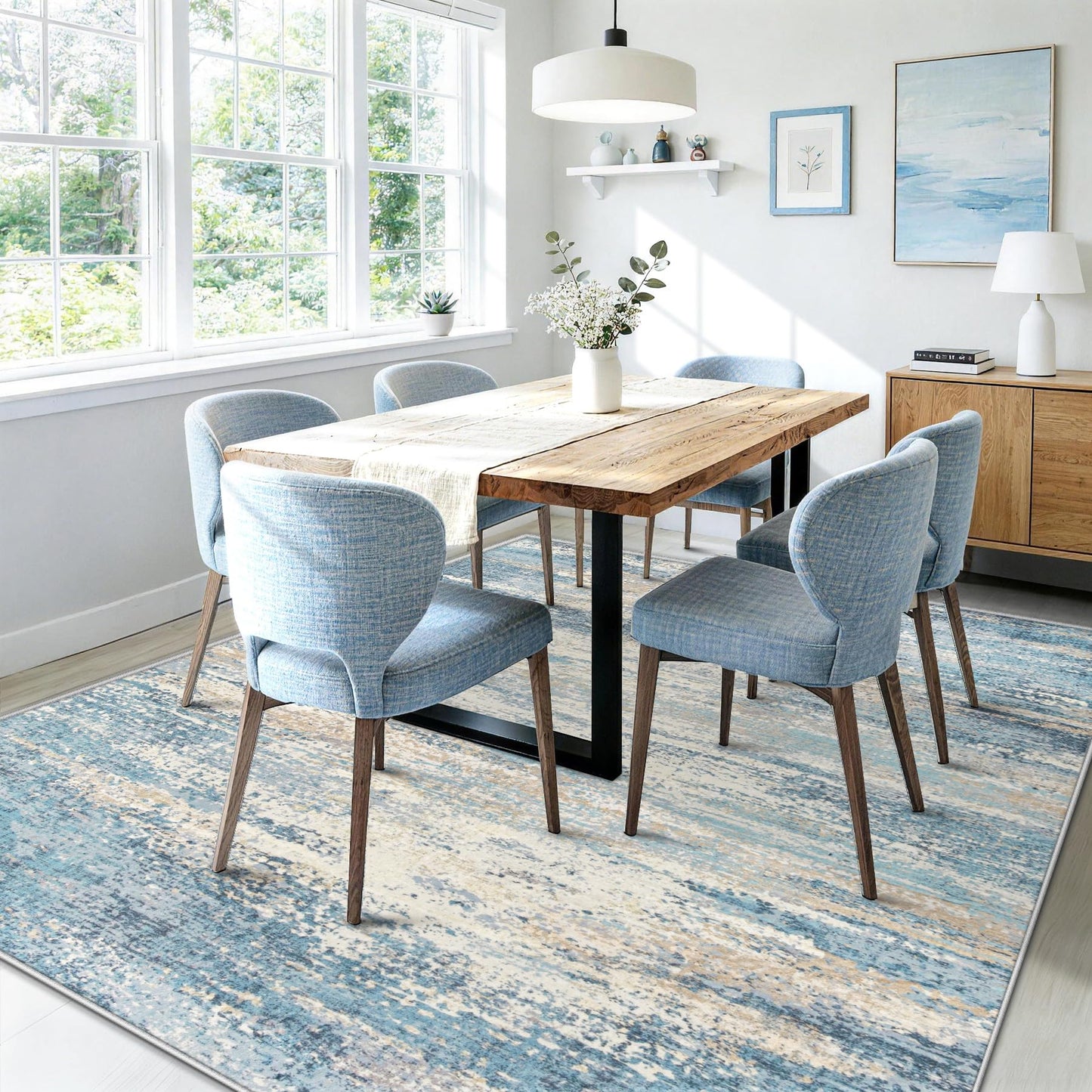 5x7 Area Rugs for Living Room: Washable Modern Abstract Rug Neutral Non-Slip Soft Low-Pile Indoor Carpet for Bedroom Nursery Dining Room Home Office (Blue Grey, 5'x7')