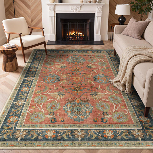 Bavni Floral Area Rugs 5x7, Vintage Distressed Living Room Rug, Accent Washable Rug Stain Resistant Non Slip, Low Pile Thin Soft Coral Blue Throw Carpet for Bedroom, Dining Room, Home Office, Nursery
