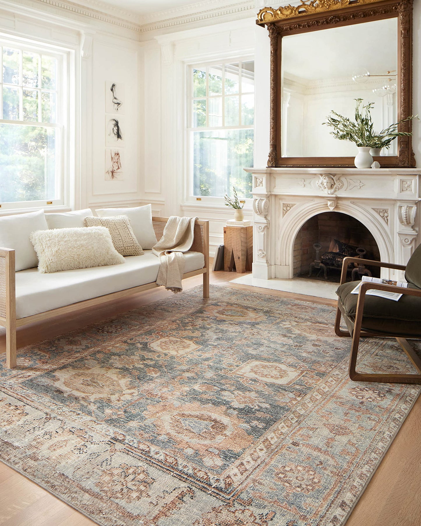 Loloi Margot Collection MAT-03 Ocean/Spice 7'-6" x 9'-6" Area Rug feat. CloudPile, No-Shed Easy Clean Large Patterned Area Rug for Living Room, Bedroom, Dining Area