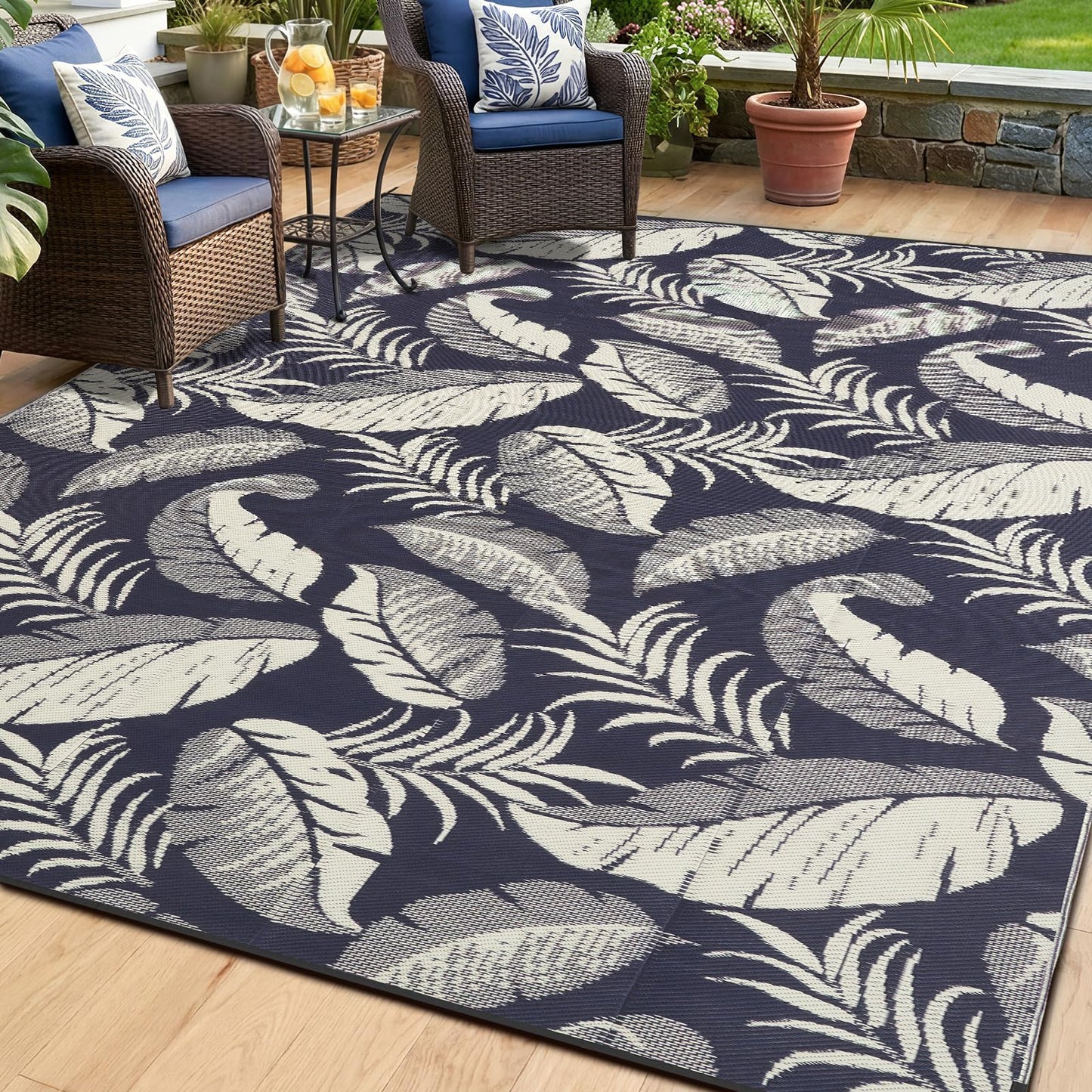OPPODREAM Reversible Outdoor Rug 5x7, Waterproof Outdoor Plastic Straw Rug for Patio, Tropical Leaf RV Camping Rugs for Outside, Deck, Balcony, Porch, Backyard, Camping, Rv, Navy and Cream White