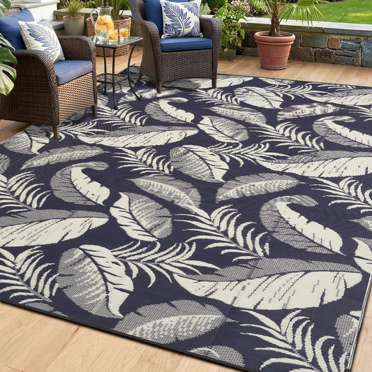 OPPODREAM Reversible Outdoor Rug 8x10, Waterproof Outdoor Plastic Straw Rug for Patio, Tropical Leaf RV Camping Rugs for Outside, Deck, Balcony, Porch, Backyard, Camping, Rv, Navy and Beige