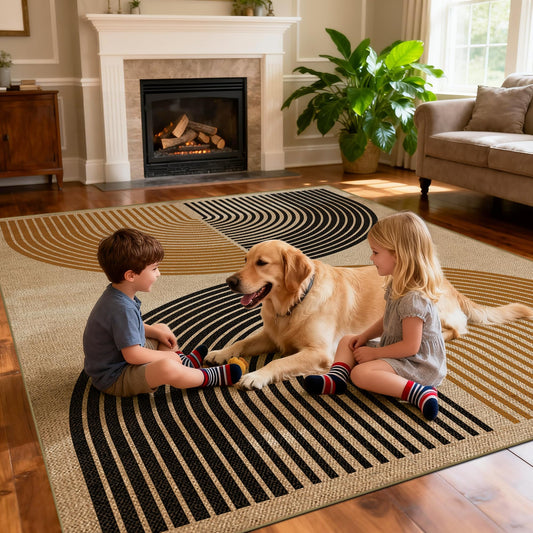JROSING Washable Rainbow Easy Jute Rug 5x7, Neutral Geometric Modern Outdoor Indoor Patio Farmhouse Large Rugs, Woven Non Slip Thin Carpet for Living Dining Play Room Bedroom Classroom Kids Nursery
