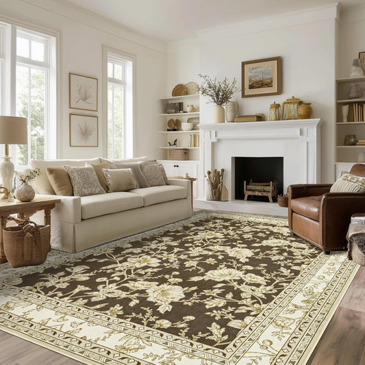 Brown Floral Rug 5x7 Machine Washable Area Rug for Living Room Vintage Boho Farmhouse Low Pile Distressed Carpet for Dining Room, Bedroom Indoor Non-Slip Brown Beige Taupe Flower Design Home Decor