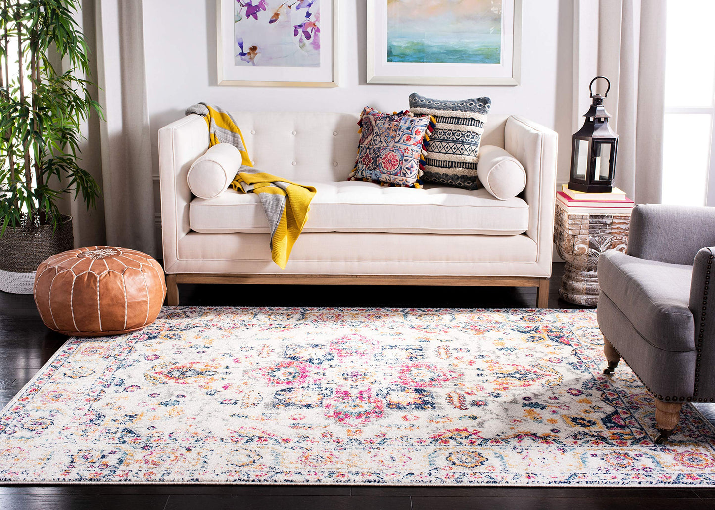 SAFAVIEH Area Rug 8x10 - Madison Collection - Large - Purple Pink Fuchsia & Ivory, Boho Chic Distressed Design, Non-Shedding & Easy Cleaning, Ideal for Living Room, Bedroom, Dining Space (MAD603R)