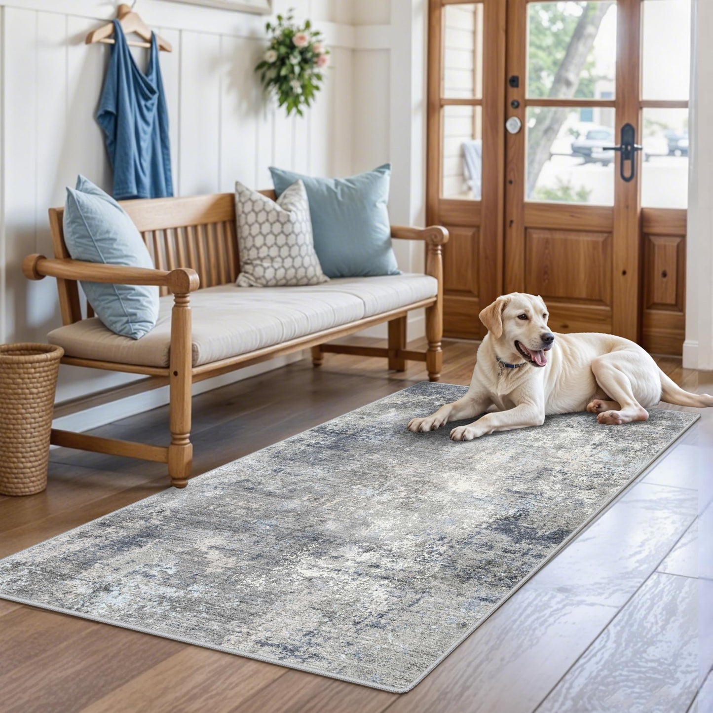 3x5 Washable Entryway Rug – Non-Slip Rubber Backed Small Area Rug for Kitchen, Bedroom, Living Room, Office – Soft Low-Pile Thin Modern Abstract Neutral Throw Rug （Blue Gray,3x5）