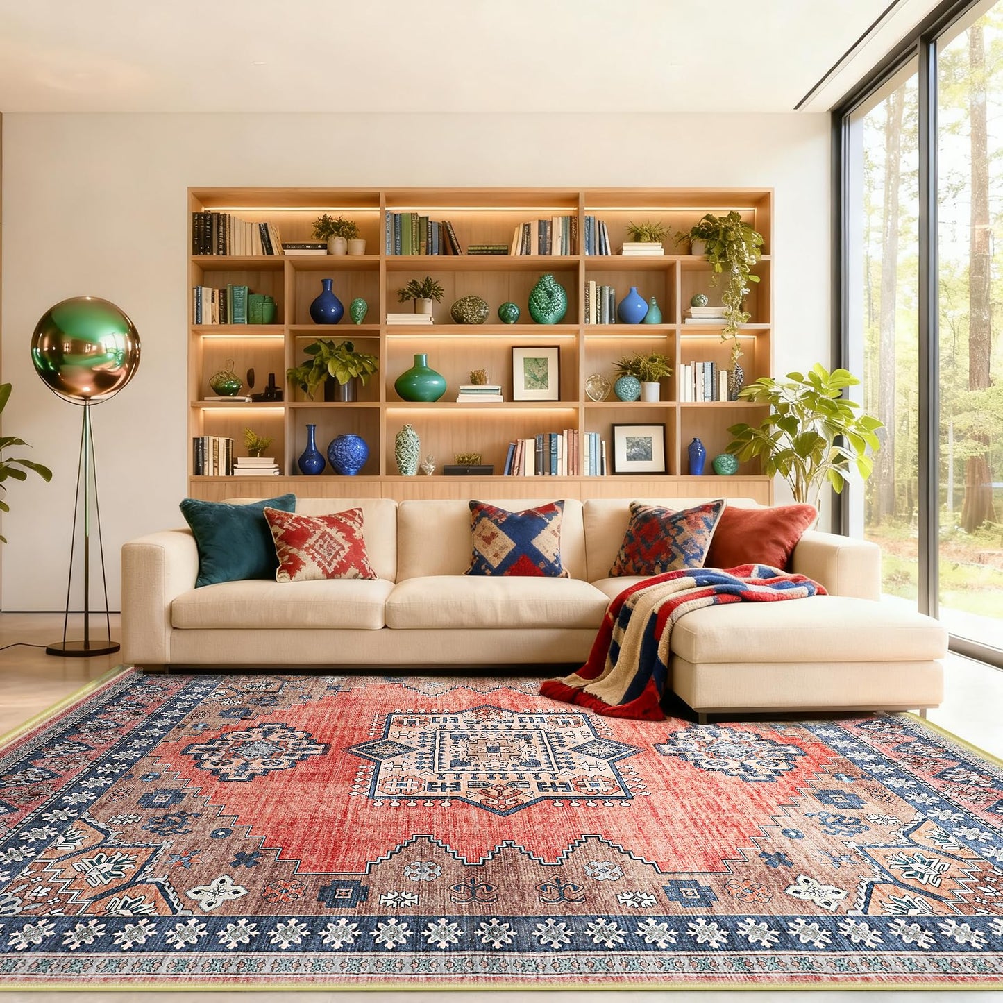 FLYRUGGO Boho Persian 5x7 Rust Area Rug for Living Room Dining Room Office Bedroom