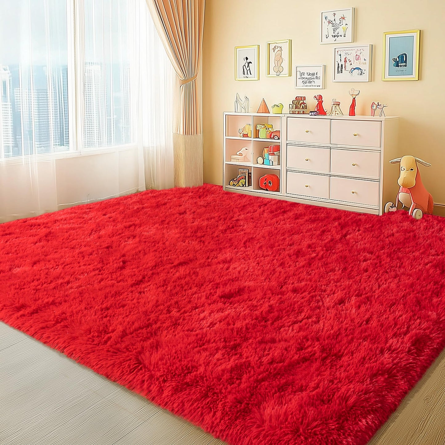 Large Shag Rugs 6 x 9, Red Fluffy Area Rug for Living Room, Soft Fuzzy Plush Carpet for Bedroom Girls Kids Room, Indoor Shaggy Rug for Home Decor Aesthetic, Upgrade Non-Slip