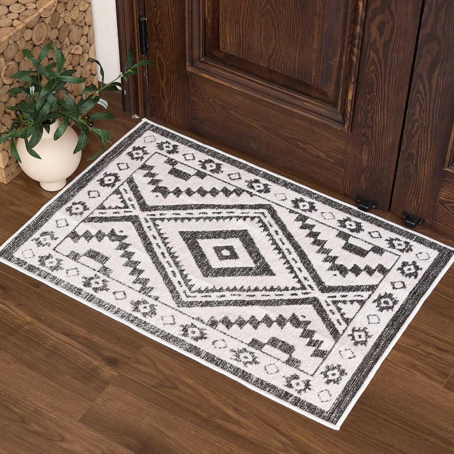 RAMEFILD Moroccan Washable Entryway Rug 2x3, Geometric Decorative Woven Area Rug, Non-Slip Boho Accent Soft Low-Pile Indoor Door Mat, Small Throw Rug for Bathroom Front Porch, Dark Brown/White