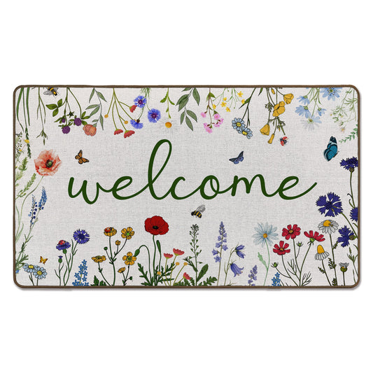 Tzhim Floral Welcome Door Mat, Cottagecore Flower Front Door Mat Outside Indoor Entrance, Wildflower Botanical Decorative Outdoor Doormats for Home Bedroom Living Room Entryway, 17x29in