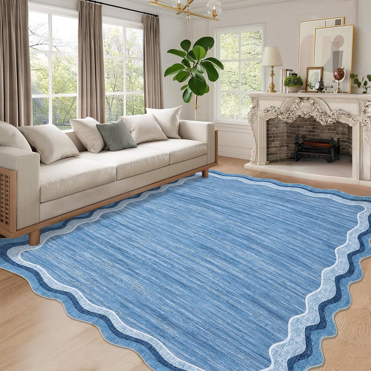 GarveeHome Scalloped Washable 8x10 Rugs for Living Room Bedroom Large Scalloped Solid Rug Non-Slip Stain Resistant Carpet Easy Clean Kids&Pet Friendly Carpet for Nursery Dining Room Table Dorm Blue