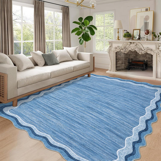 GarveeHome Scalloped Washable 8x10 Rugs for Living Room Bedroom Large Scalloped Solid Rug Non-Slip Stain Resistant Carpet Easy Clean Kids&Pet Friendly Carpet for Nursery Dining Room Table Dorm Blue