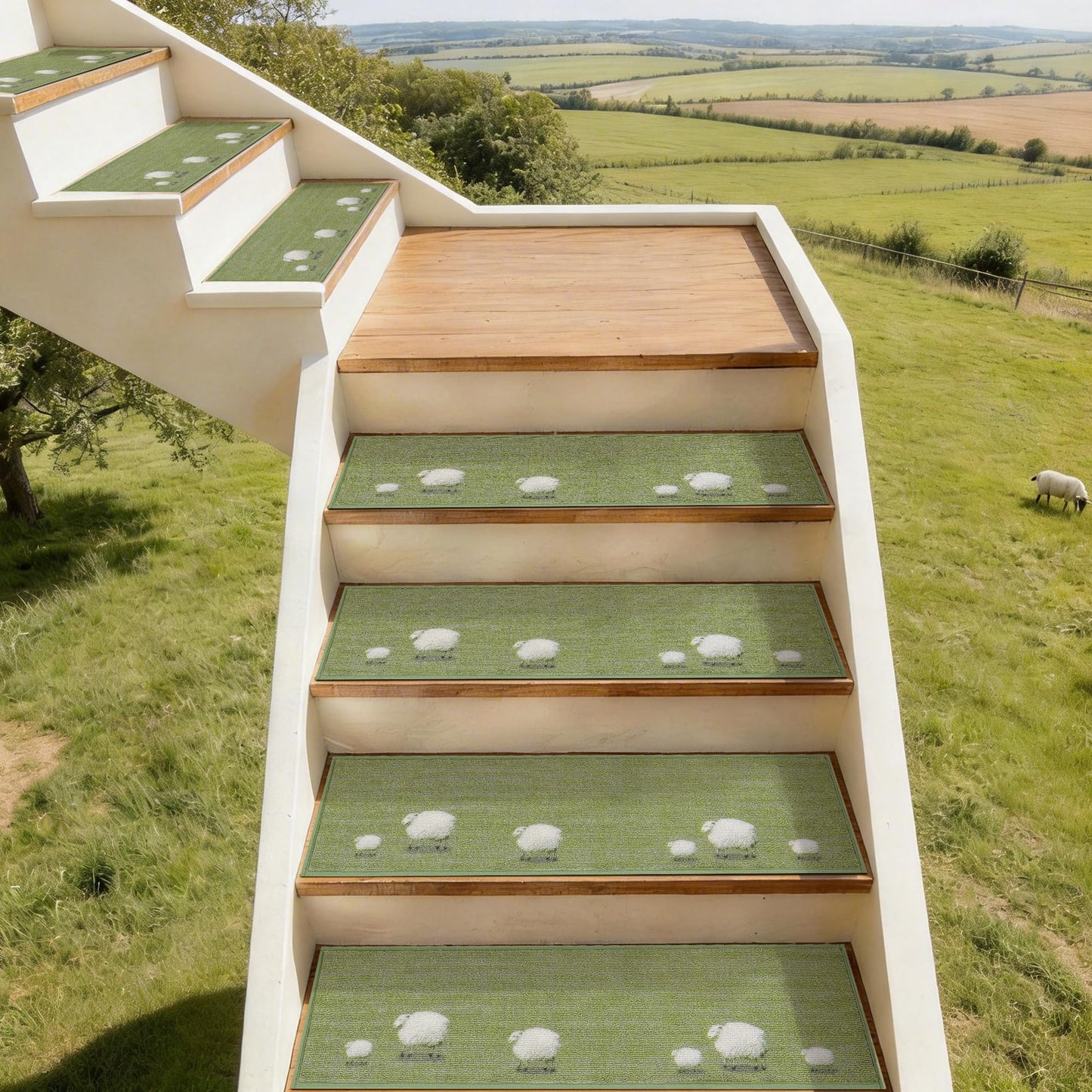 MatMaven Stair Treads for Wooden Steps Indoor,4 Pack 8"x30" Non Slip Machine Washable Carpet Stair Treads,Stair Runner Rugs with Peel & Stick Reusable TPE Backing for Kids Elders & Pets,Green(Sheep)