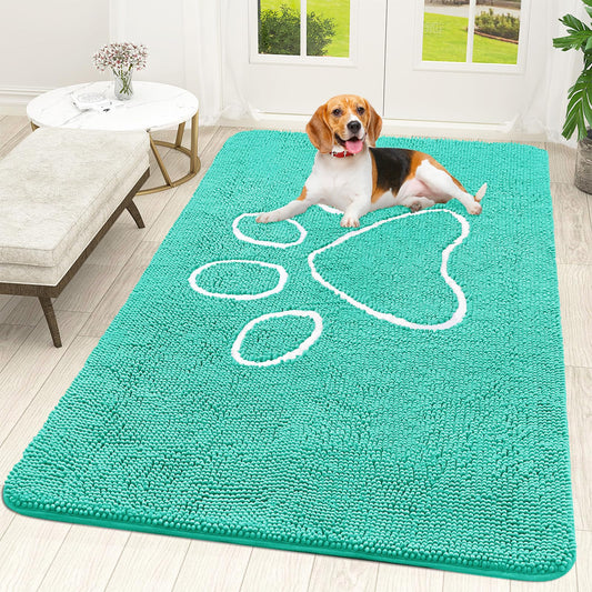 OLANLY Dog Door Mat for Muddy Paws 59x35, Paw Print Design, Absorbs Moisture and Dirt, Absorbent Non-Slip Washable Doormat, Quick Dry Chenille Mud Mat for Dogs, Entry Indoor Entryway Carpet, Teal