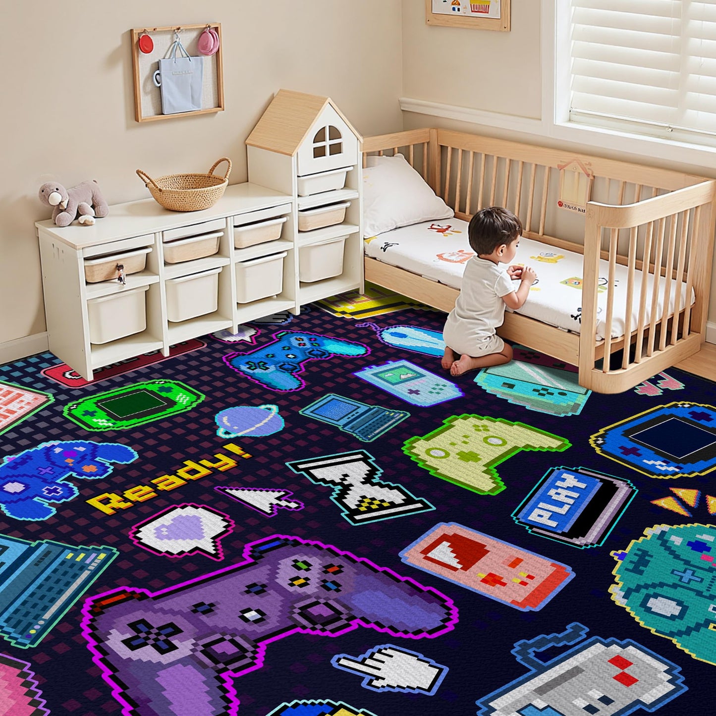 Didswuit 2x3 Game Controller Mat Gamepad with Keyboard Design for Playroom, Pixel Gaming Play Rug for Bedroom, Fun Gamer Art Décor for Game Lover Washable Carpet