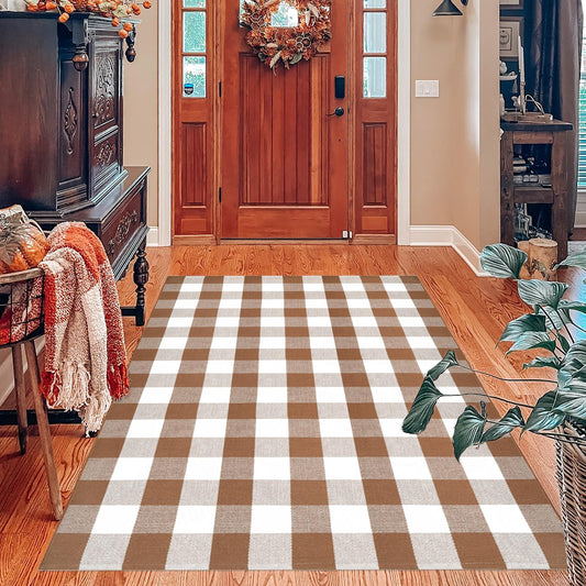 Homydecor Buffalo Plaid Outdoor Rugs, 4'x6' Coffe and White Checkered Area Rug, Layering Rug for Hello/Welcome Door Mat, Washable Cotton Woven Farmhouse Mat for Front Porch Décor
