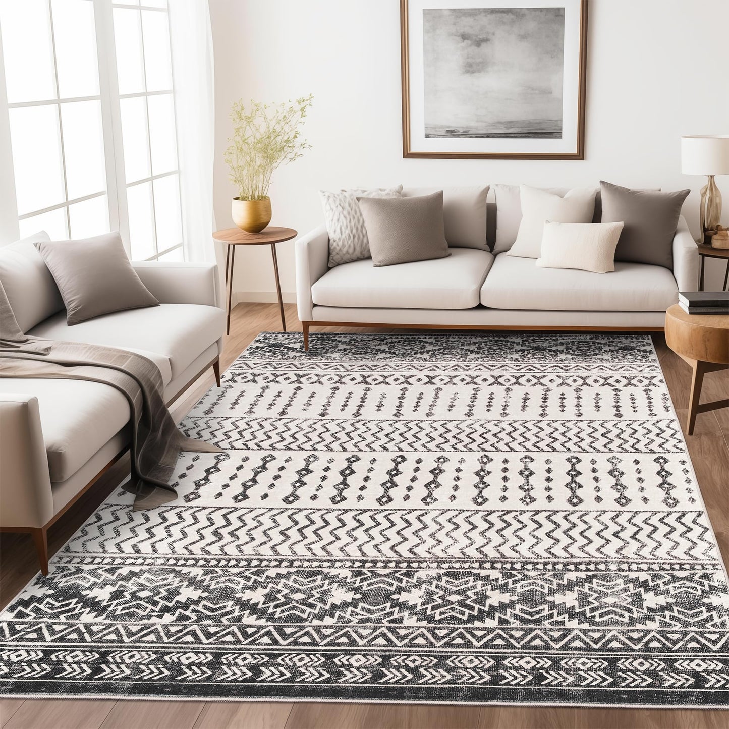 Art&Tuft Area Rug 5x7, Super Soft Ultra-Thin Moroccan Washable Anti-Slip Backing Rugs for Living Room, Foldable, Geometric, Machine Washable (5'x7', Black)