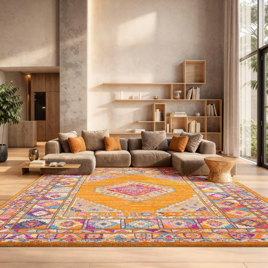 SAFAVIEH Area Rug 8x10 - Madison Collection - Large - Orange & Fuchsia, Boho Chic Medallion Design, Non-Shedding & Easy Cleaning, Ideal for Living Room, Bedroom, Office, Dining Space (MAD133D)
