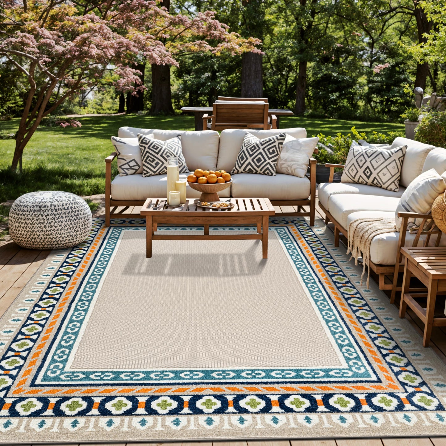 Rugshop Indoor/Outdoor High-Low Textured Area Rug, Coastal Border, Easy-Clean Patio Rug for Porch Deck Balcony 7' 10" x 10' Multi