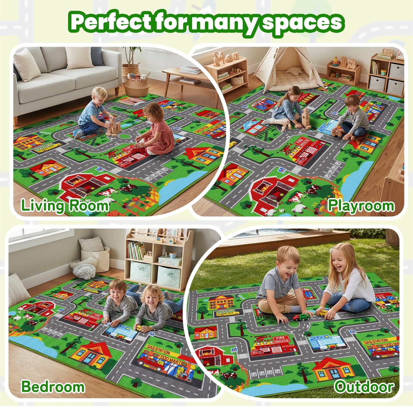 Kids Rug Car Carpet 78.7"x59", Car Rug for Kids Room Playroom Bedroom, Non-Slip Town City Road Map Rugs, Track Car Mat for Kids Boys Girls (78.7X59Inch,Green)