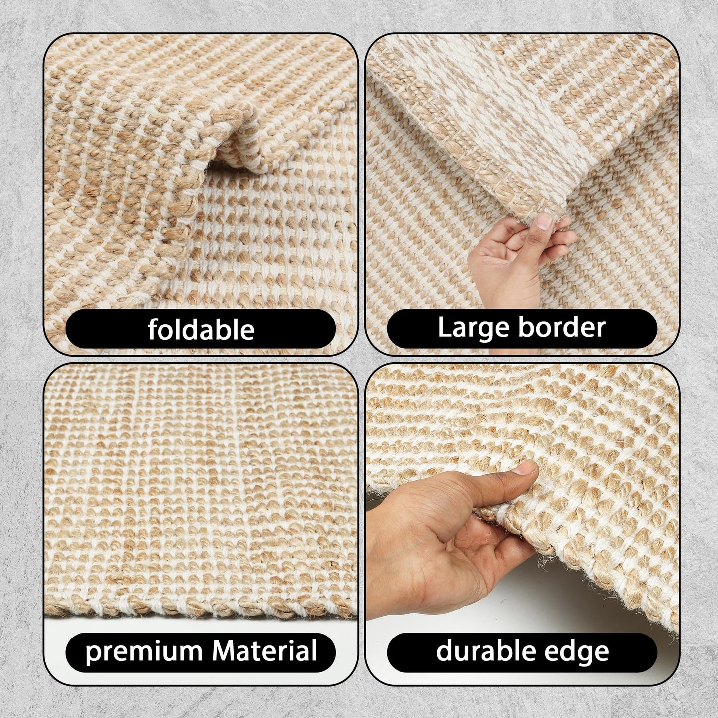 RUSVILLA 6' x 9' Jute & Wool Mini Check Area Rug with 4-Inch Border | Handwoven, Pile - 0.6"| Living Room, Dining & Bedroom Rug, Neutral Indoor Natural Farmhouse Décor (6' x 9')