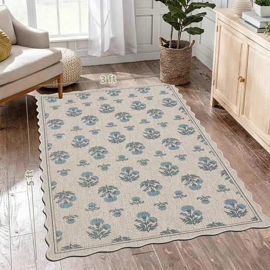 ORTIGIA Scalloped Easy Jute 3x5 Area Rug Vintage Blue Floral Farmhouse Washable Rug Non-Slip Indoor Outdoor Carpet for Living Room Bedroom Kitchen Patio Entryway