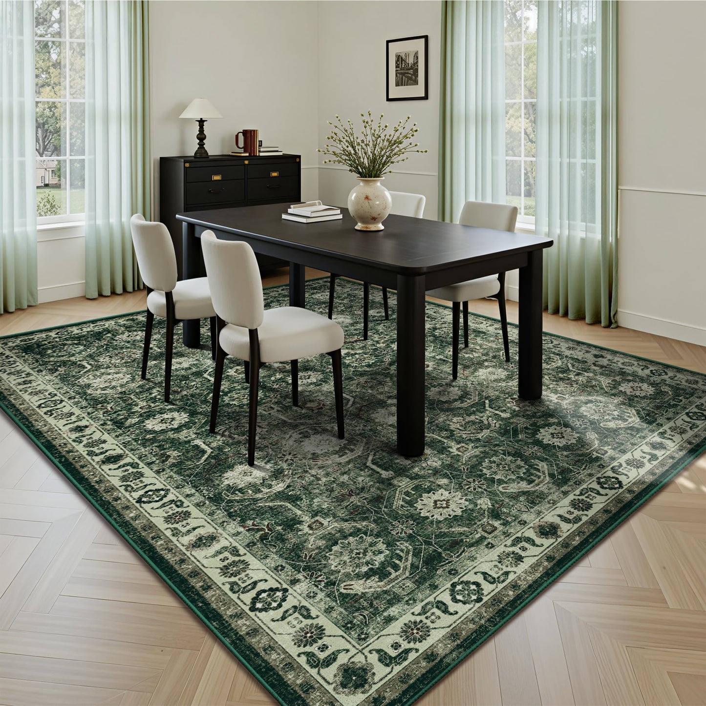 Woodbruy 6x6 Square Area Rug, Soft Non Slip Low Pile Washable Rug, Boho Modern Area Rug for Living Room，Bedroom, Laundry Room, Dark Green/Beige